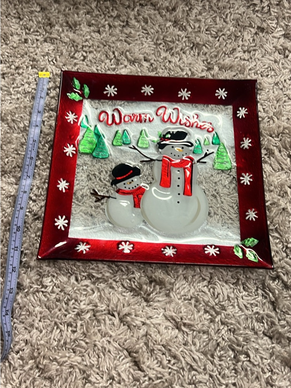 Red Snowman Holiday Glass Decorative Tray